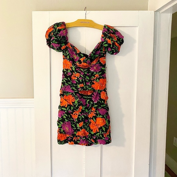 NWT Zara Floral Off Shoulder Puff Sleeve Mini Dress-Ruching - Picture 1 of 10